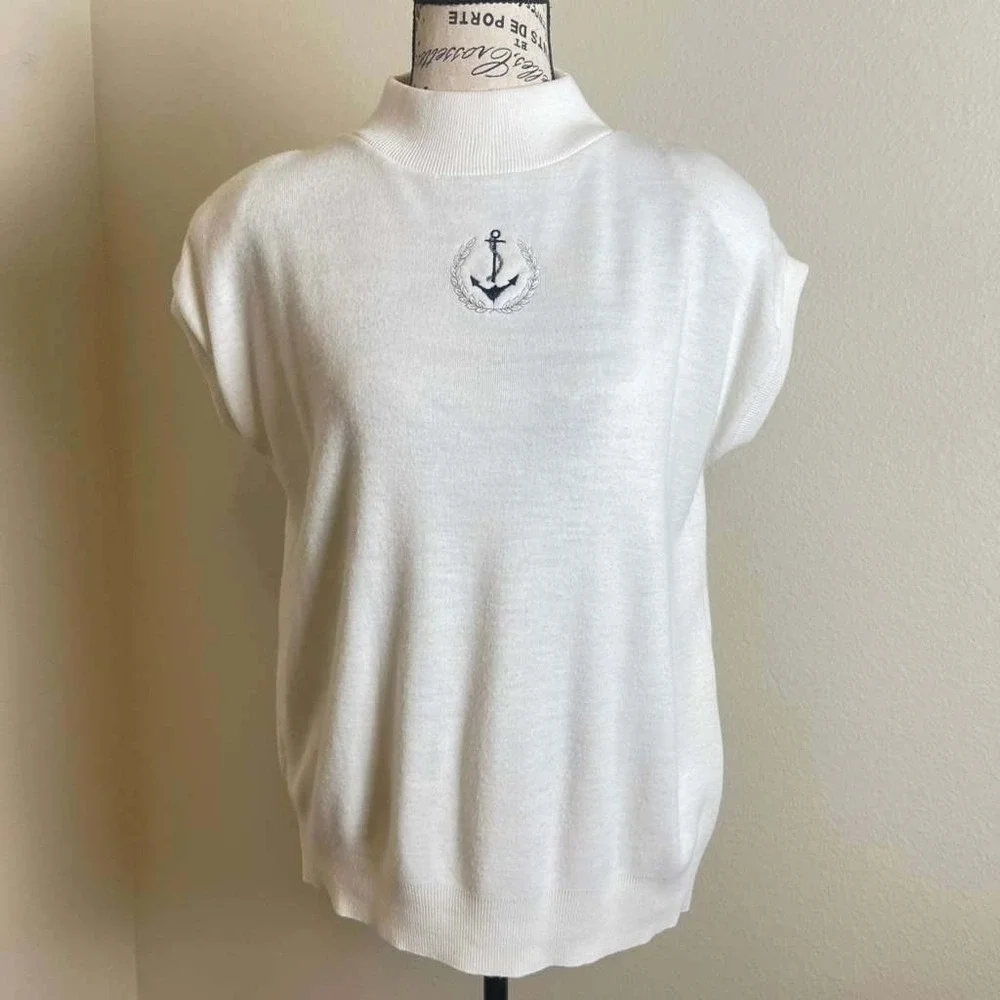 Garan by Marita Vintage‎ White Mock Neck Nautical Anchor Knit Vest  Padded